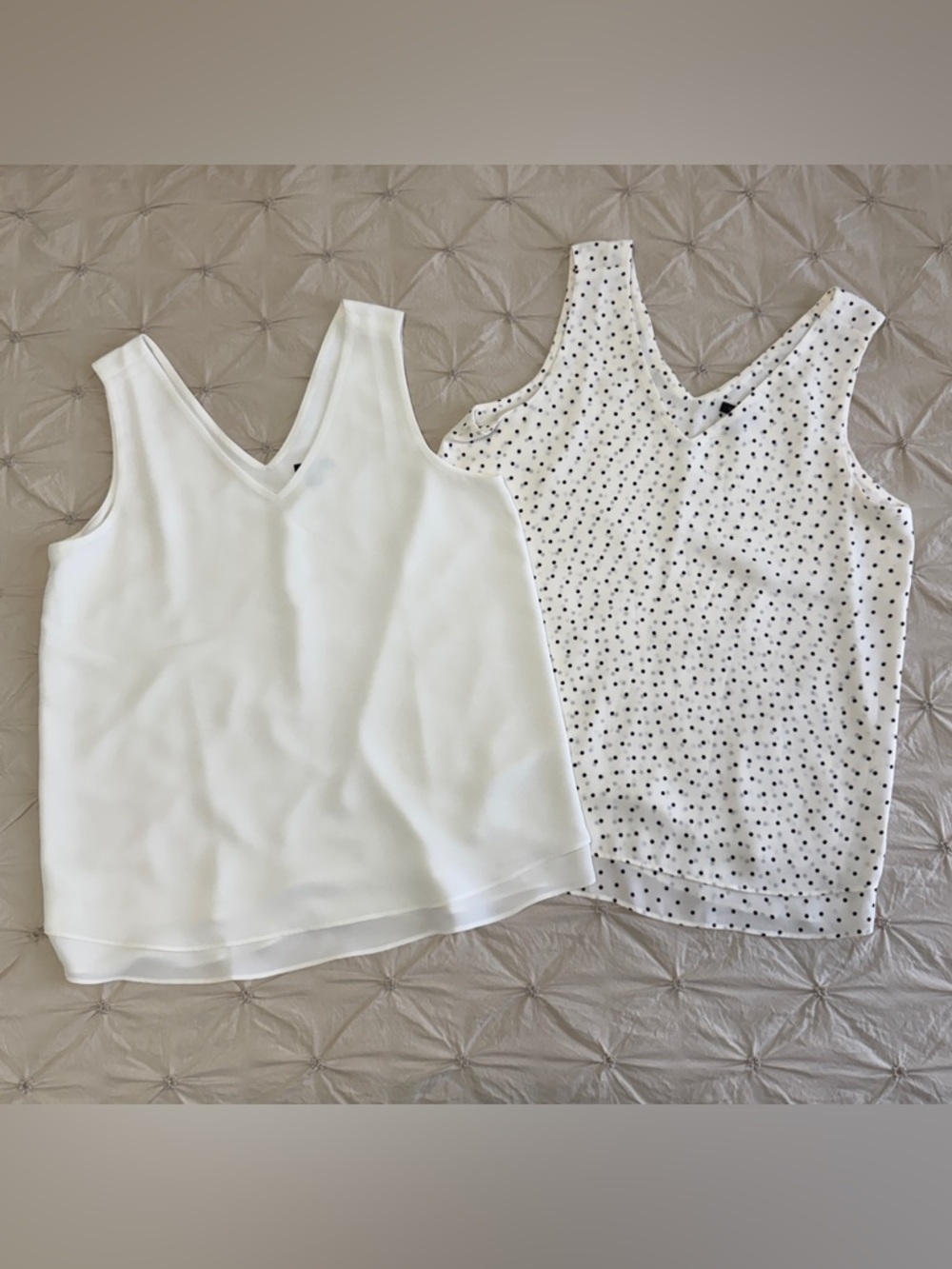 Ann Taylor White V-Neck Sleeveless Tops - Solid & Polka Dot Bundle (2)